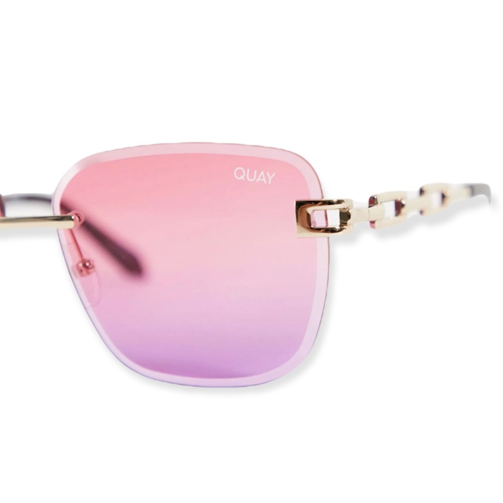 QUAY No Cap Sunglasses Gold Frame Pink Coral Fade Lens Oversized Rimless Chain - Picture 7 of 15